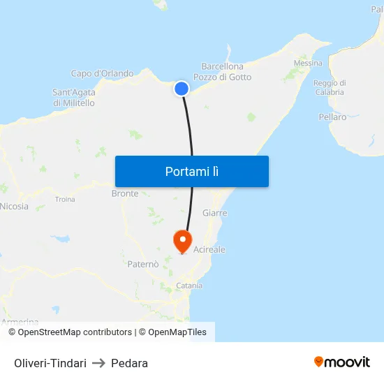 Oliveri-Tindari to Pedara map