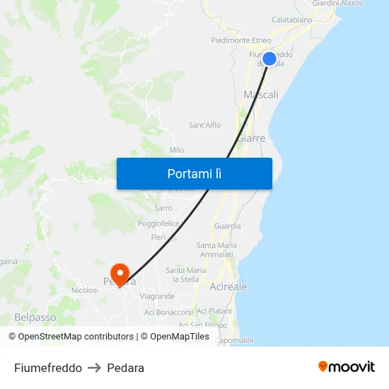 Fiumefreddo to Pedara map