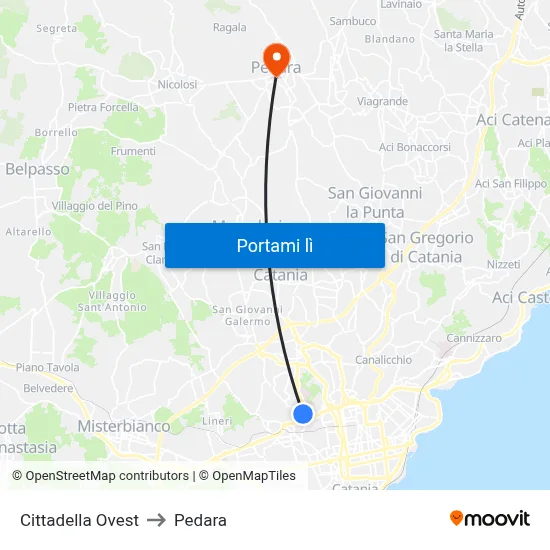 Cittadella Ovest to Pedara map