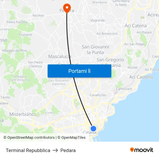Terminal Repubblica to Pedara map