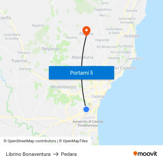 Librino Bonaventura to Pedara map
