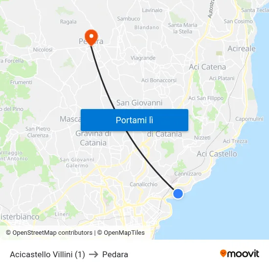 Acicastello Villini (1) to Pedara map