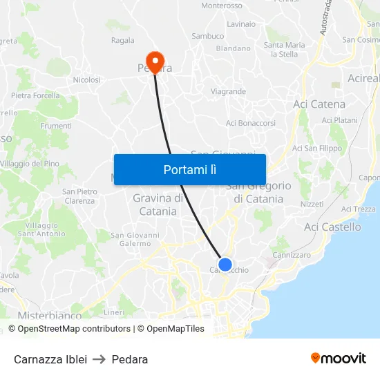 Carnazza Iblei to Pedara map