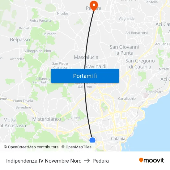 Indipendenza IV Novembre Nord to Pedara map