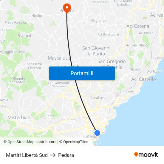 Martiri Libertà Sud to Pedara map