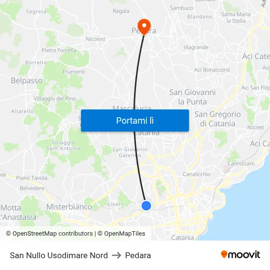 San Nullo Usodimare Nord to Pedara map