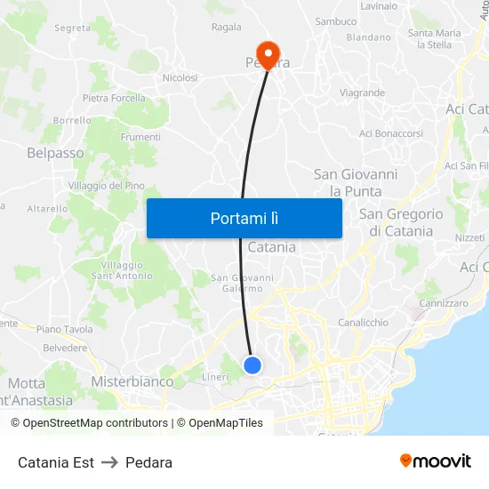 Catania Est to Pedara map