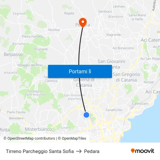 Tirreno Parcheggio Santa Sofia to Pedara map