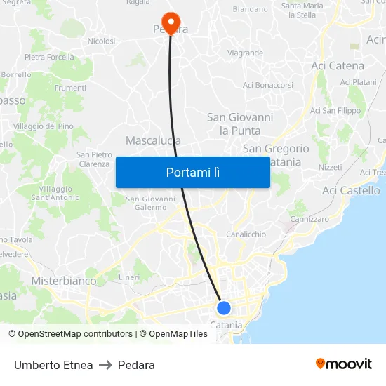 Umberto Etnea to Pedara map