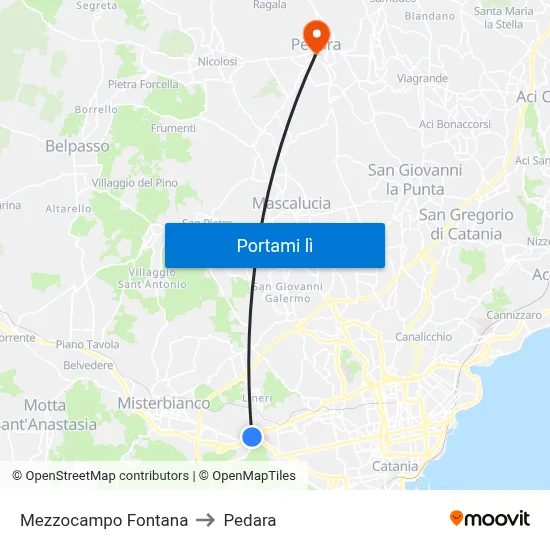 Mezzocampo Fontana to Pedara map