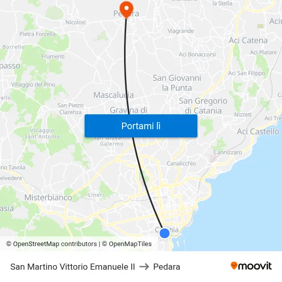 San Martino Vittorio Emanuele II to Pedara map