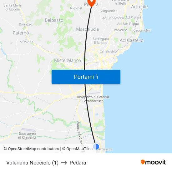 Valeriana Nocciolo (1) to Pedara map