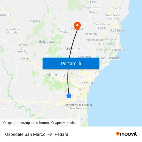 Ospedale San Marco to Pedara map