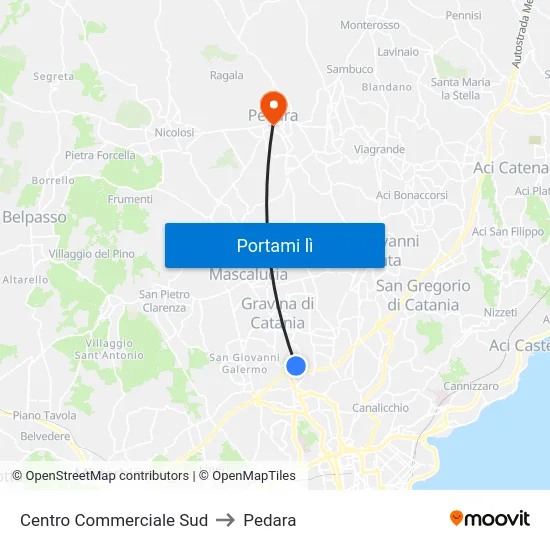 Centro Commerciale Sud to Pedara map