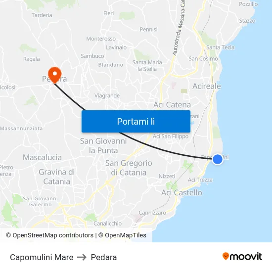 Capomulini Mare to Pedara map