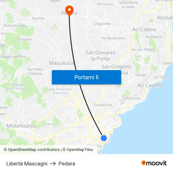 Libertà Mascagni to Pedara map
