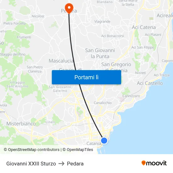 Giovanni XXIII Sturzo to Pedara map