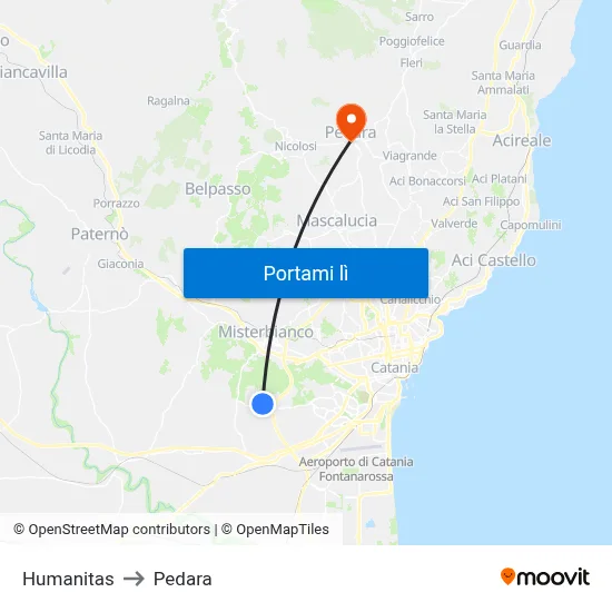 Humanitas to Pedara map