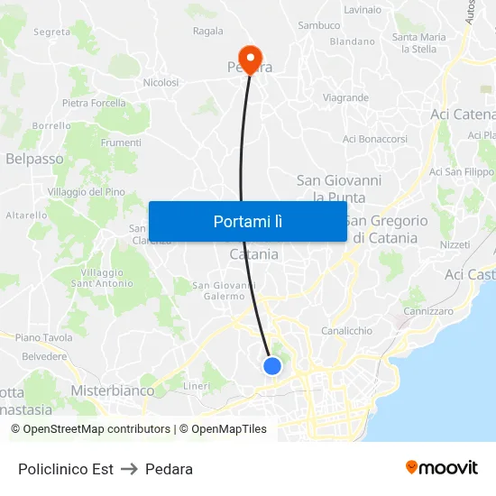 Policlinico Est to Pedara map