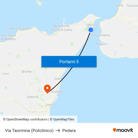 Via Taormina (Policlinico) to Pedara map