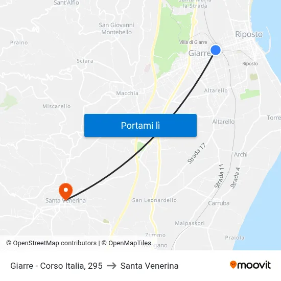 Giarre - Corso Italia, 295 to Santa Venerina map