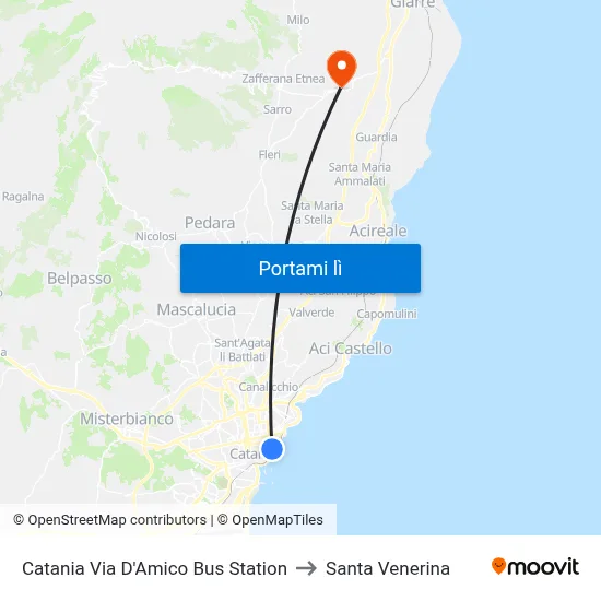 Catania Via D'Amico Bus Station to Santa Venerina map