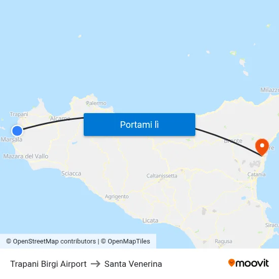 Trapani Birgi Airport to Santa Venerina map