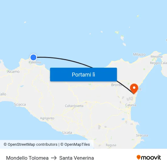 Mondello Tolomea to Santa Venerina map