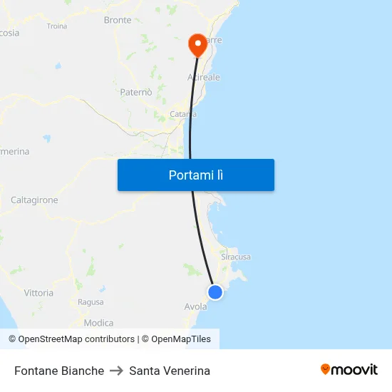 Fontane Bianche to Santa Venerina map