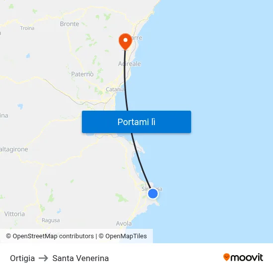 Ortigia to Santa Venerina map