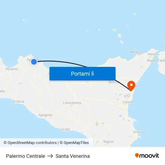 Palermo Centrale to Santa Venerina map