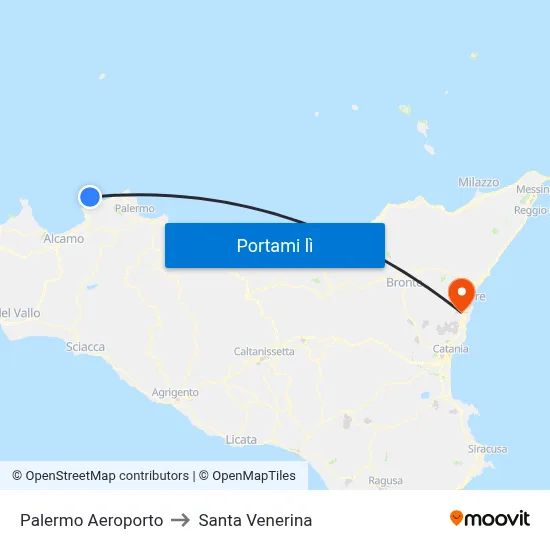 Palermo Aeroporto to Santa Venerina map