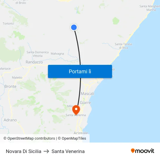 Novara Di Sicilia to Santa Venerina map