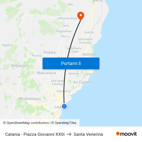 Catania - Piazza Giovanni XXIII to Santa Venerina map