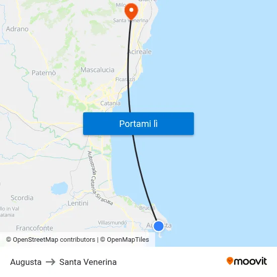 Augusta to Santa Venerina map