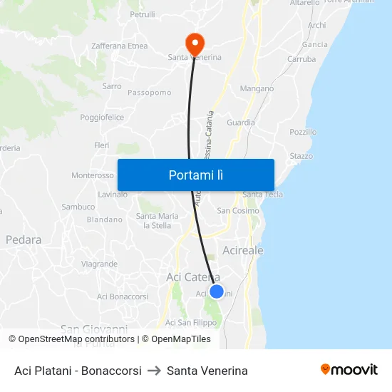 Aci Platani - Bonaccorsi to Santa Venerina map