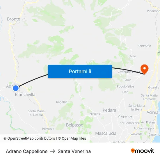 Adrano Cappellone to Santa Venerina map