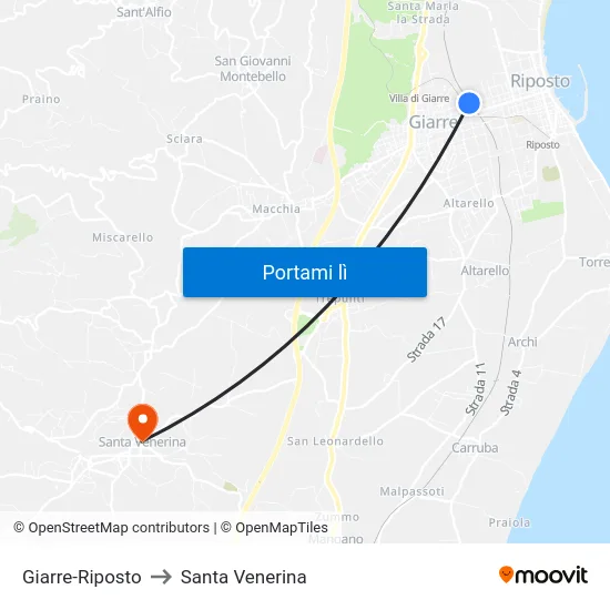 Giarre-Riposto to Santa Venerina map