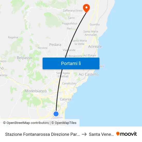 Stazione Fontanarossa Direzione Parcheggio to Santa Venerina map