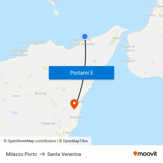Milazzo Porto to Santa Venerina map