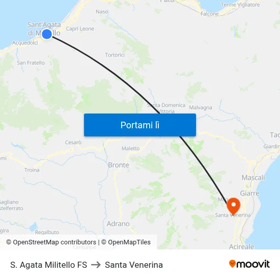 S. Agata Militello FS to Santa Venerina map