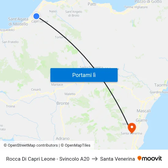 Rocca Di Capri Leone - Svincolo A20 to Santa Venerina map