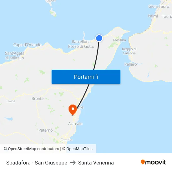 Spadafora - San Giuseppe to Santa Venerina map