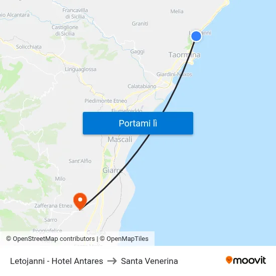 Letojanni - Hotel Antares to Santa Venerina map