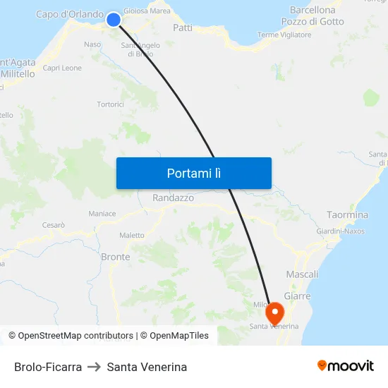 Brolo-Ficarra to Santa Venerina map