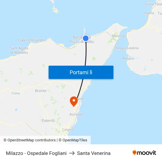 Milazzo - Ospedale Fogliani to Santa Venerina map