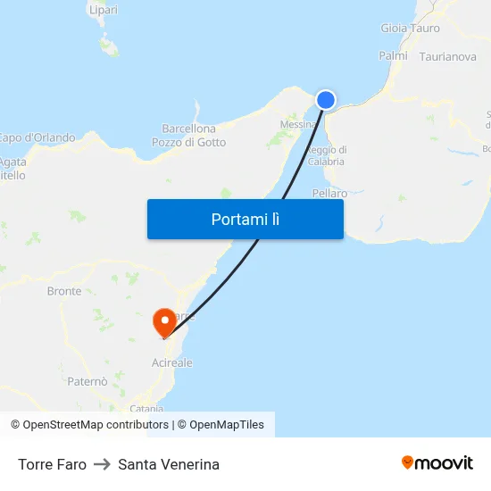 Torre Faro to Santa Venerina map
