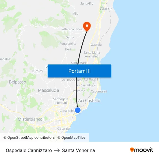 Ospedale Cannizzaro to Santa Venerina map