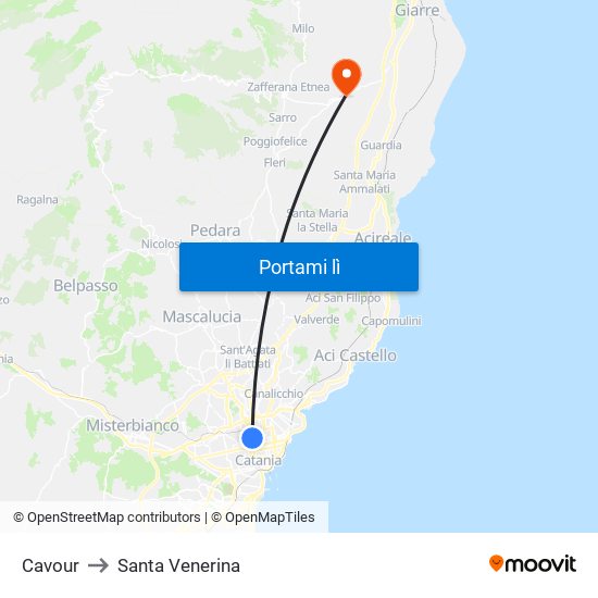 Cavour to Santa Venerina map