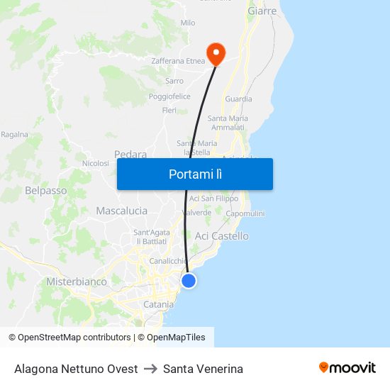Alagona Nettuno Ovest to Santa Venerina map